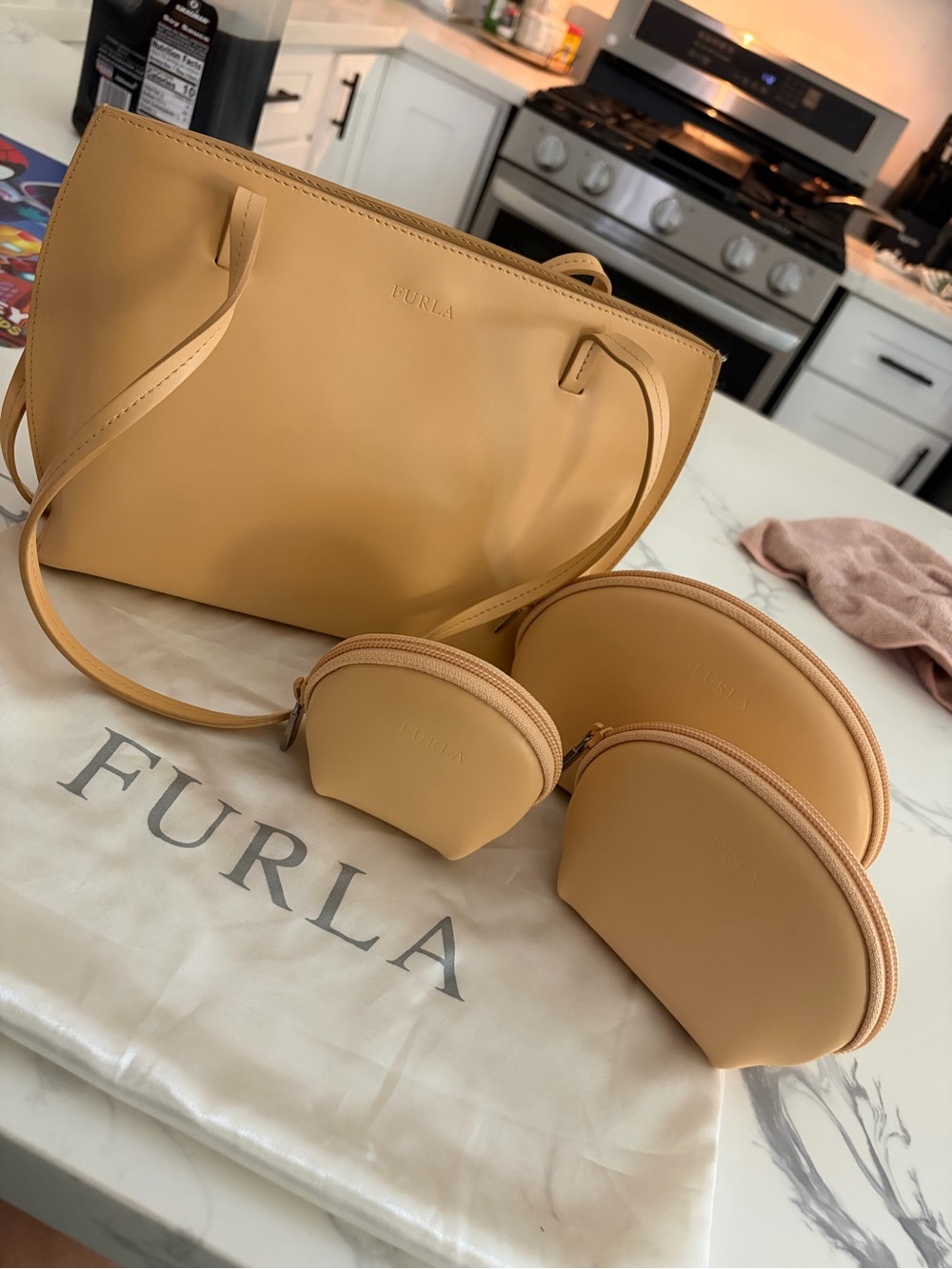 Furla Tan Leather Tote with Three Matching Pouches